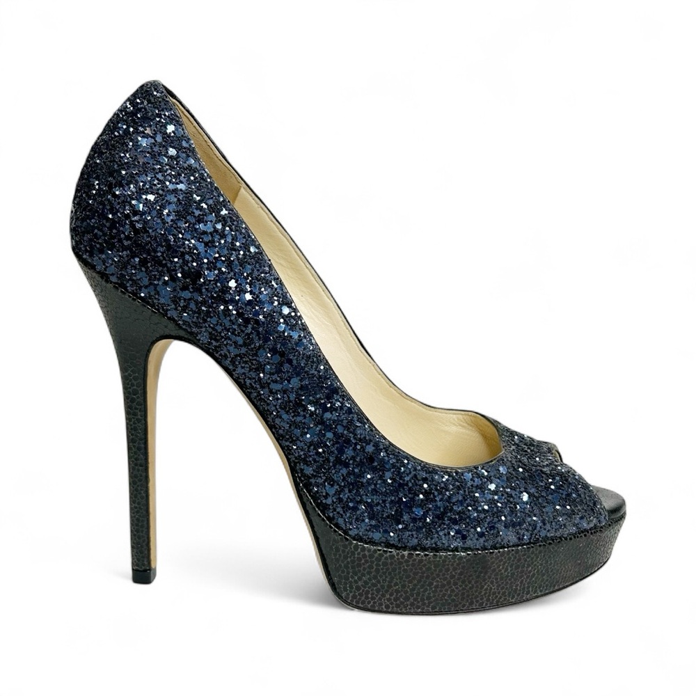 JIMMY CHOO Crown Coarse Glitter Peep Toe Stiletto Heels